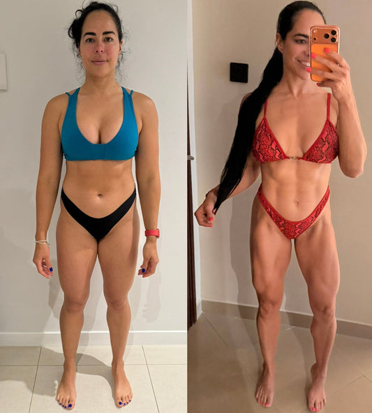 Before and after female body transformation showing increased glute size, muscle definition, and improved body composition from structured strength training and proper technique
